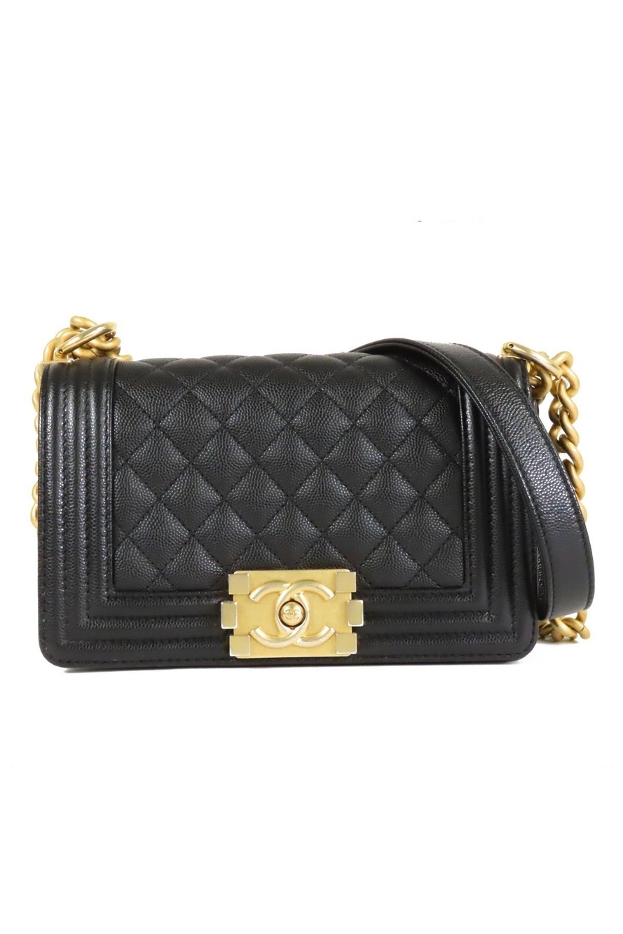 Chanel Boy Small Black Gold Caviar Leather Chain Shoulder Bag
